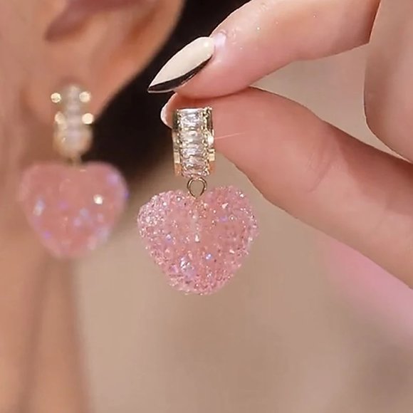 Sparkly Heart Shaped Rock Candy Drop Earrings with Pave Set Baguette Crystals - Picture 3 of 5